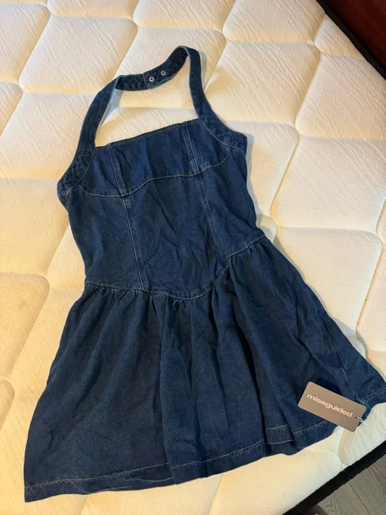 Denim Halter Fit-and-Flare Mini Dress - Dark Blue - Picture 2 of 3